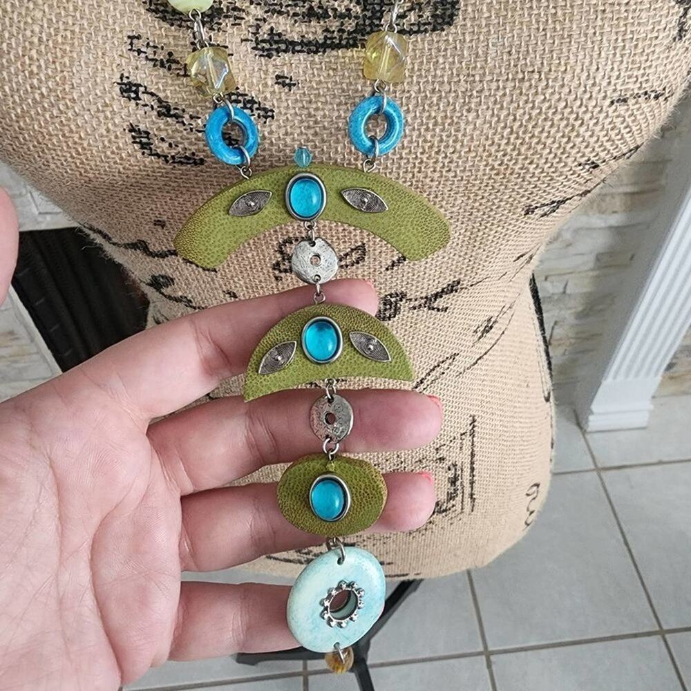 TRESKA blue and green beaded and wooden ethnic funky charm long necklace new